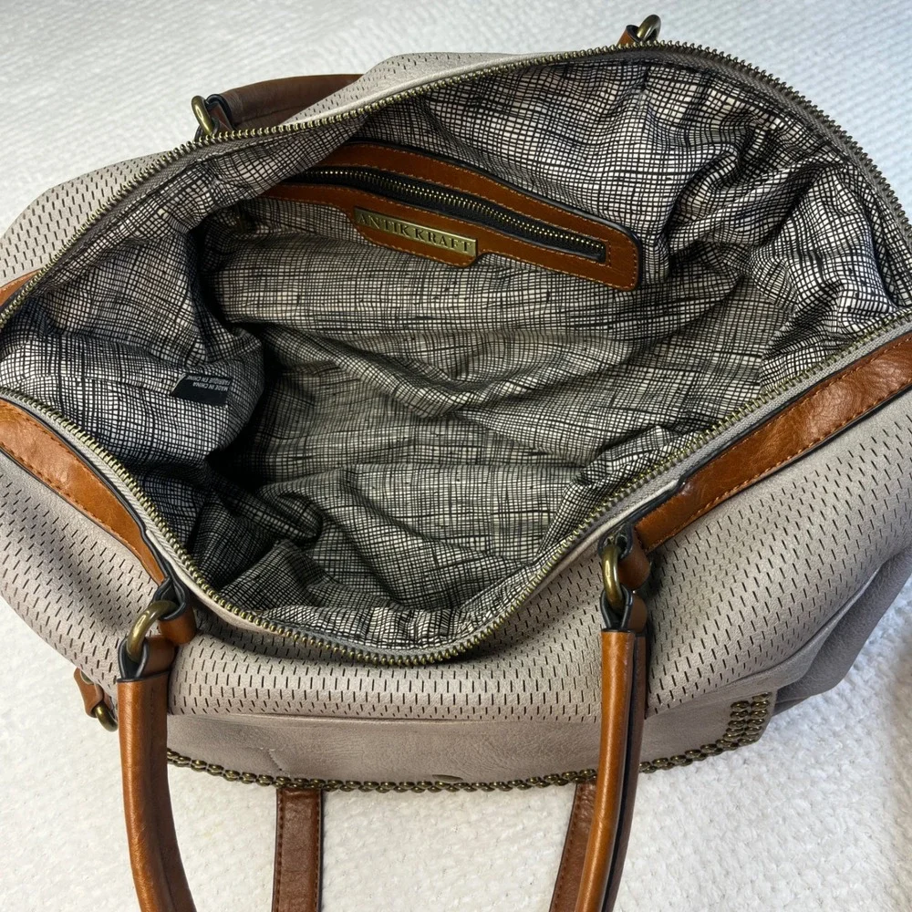 Antik Kraft Grey Studded Satchel‎ Crossbody Brown Trim Perforated Vegan Leather